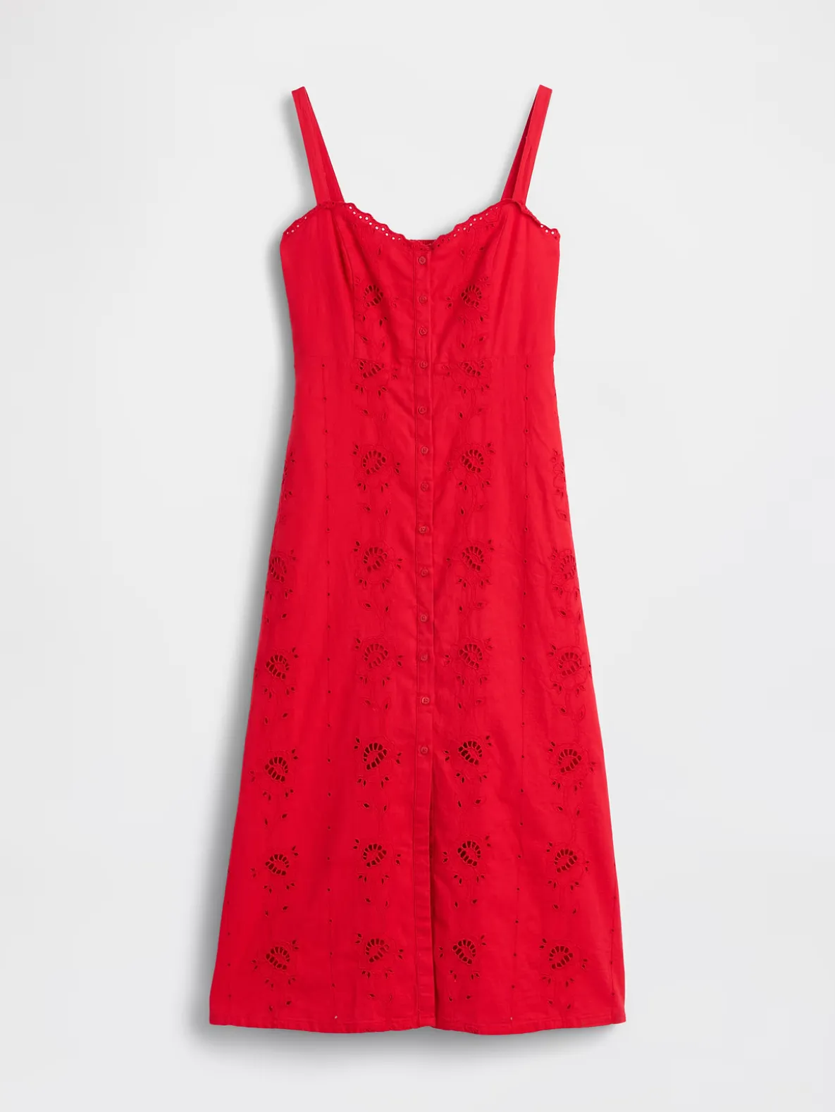 Linen-Blend Embroidered Button-Front Cami Maxi Dress