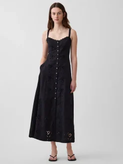 Linen-Blend Embroidered Button-Front Cami Maxi Dress