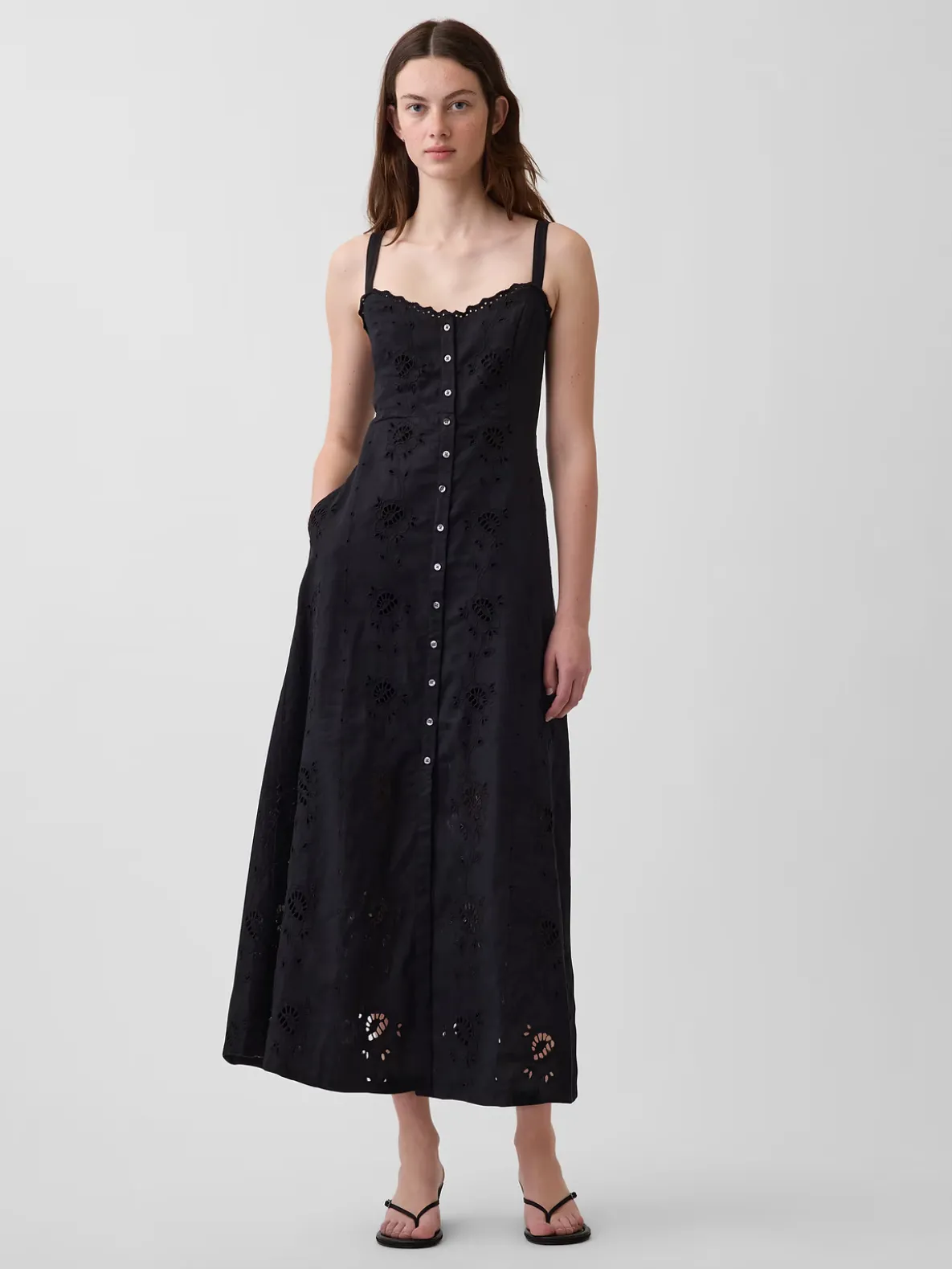 Linen-Blend Embroidered Button-Front Cami Maxi Dress