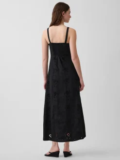 Linen-Blend Embroidered Button-Front Cami Maxi Dress