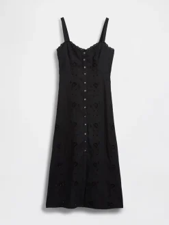 Linen-Blend Embroidered Button-Front Cami Maxi Dress