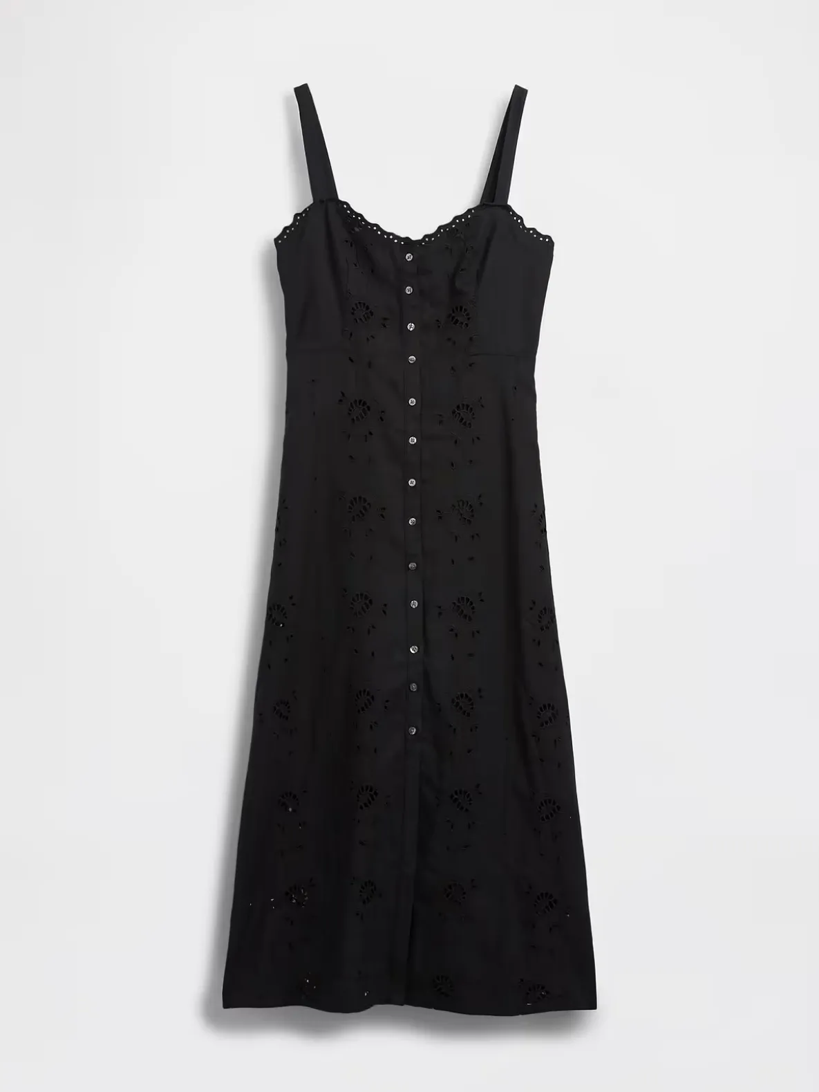 Linen-Blend Embroidered Button-Front Cami Maxi Dress