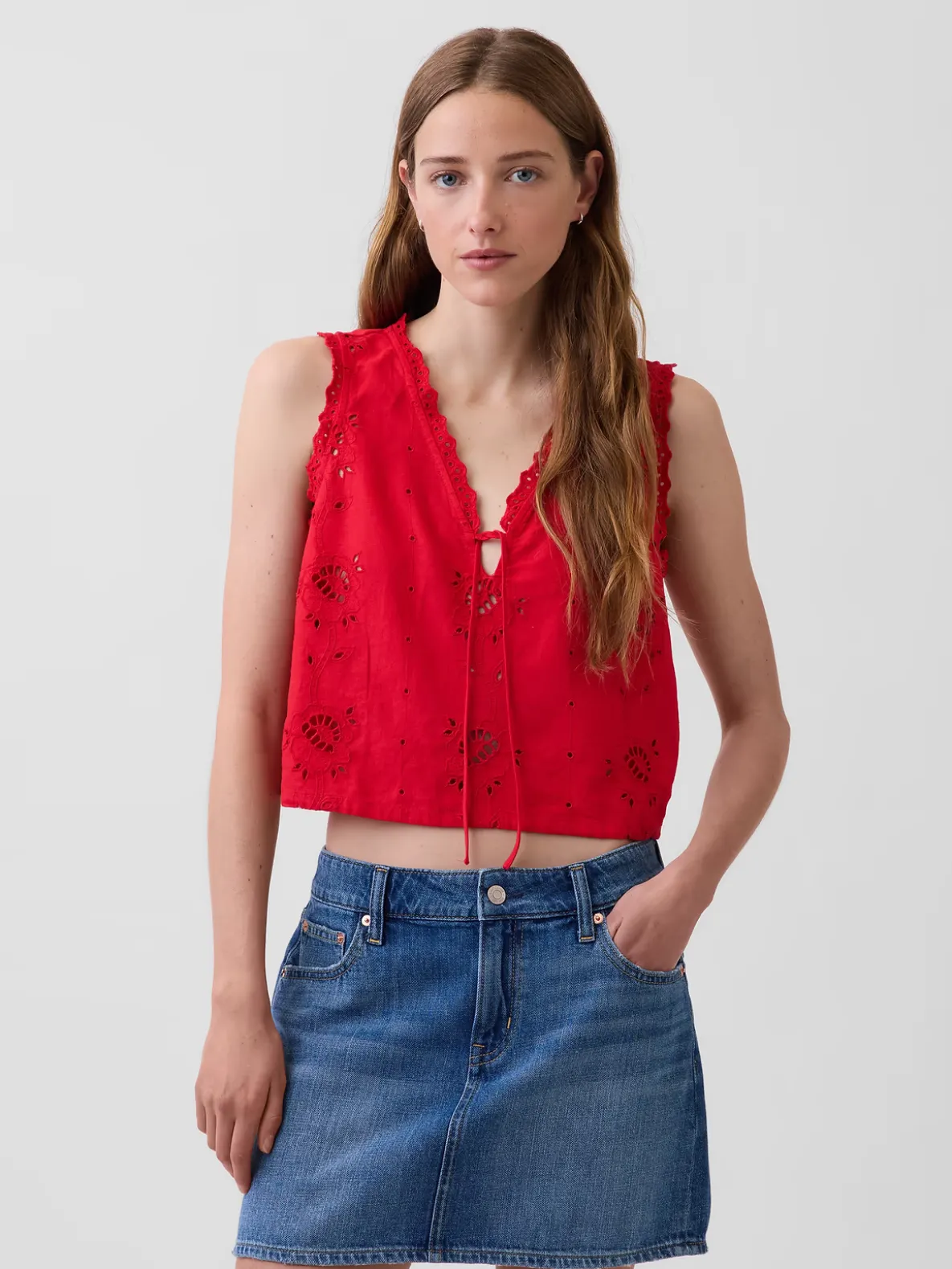 Linen-Blend Embroidered Crop Shell Tank Top