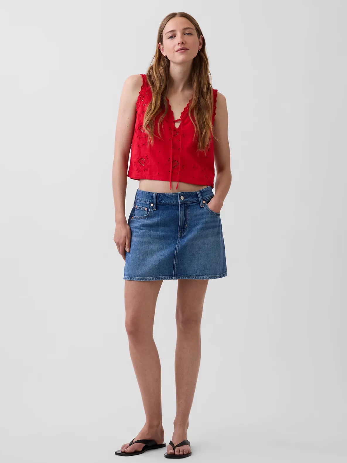 Linen-Blend Embroidered Crop Shell Tank Top