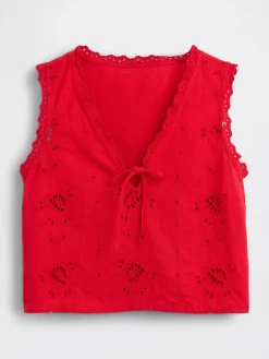 Linen-Blend Embroidered Crop Shell Tank Top
