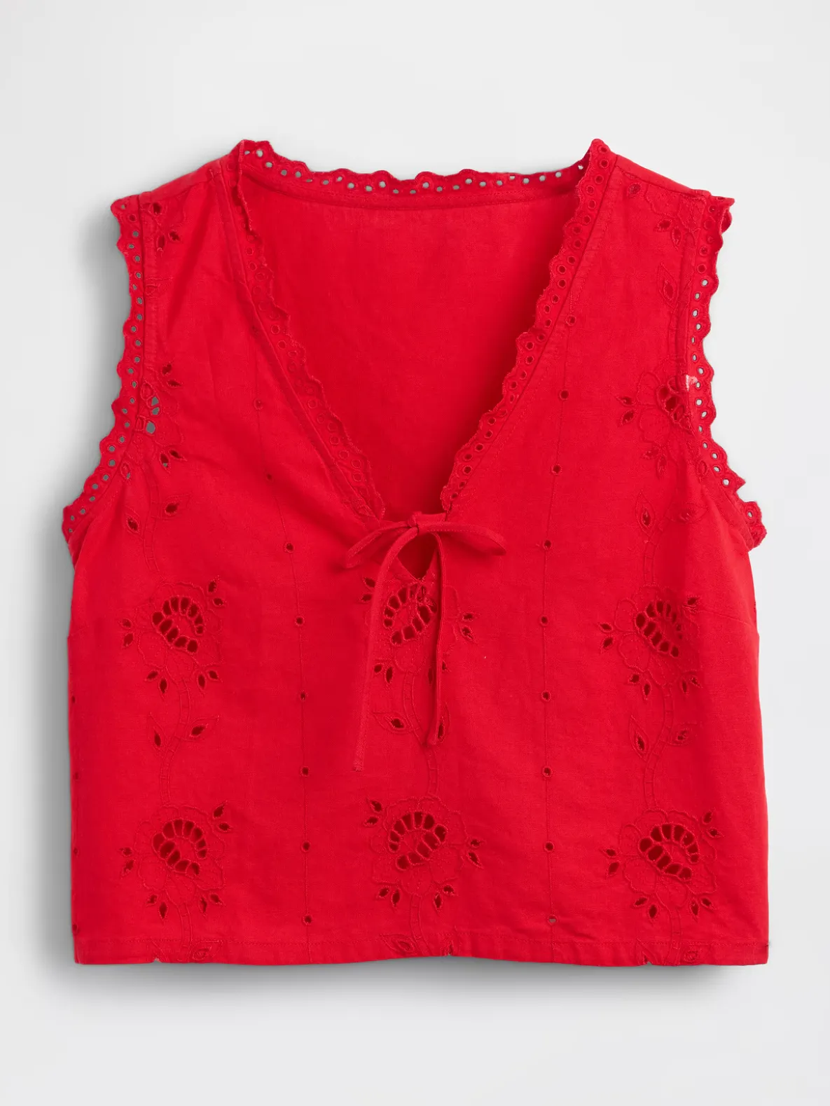 Linen-Blend Embroidered Crop Shell Tank Top