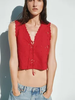 Linen-Blend Embroidered Crop Shell Tank Top