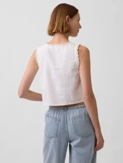 Linen-Blend Embroidered Crop Shell Tank Top