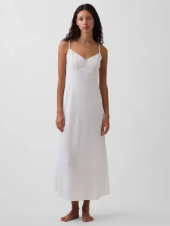 Linen-Blend Embroidered Midi Dress