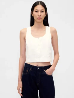 Linen-Blend Hook-Front Crop Shell Top