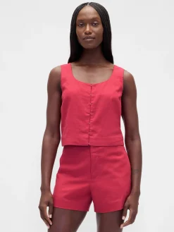 Linen-Blend Hook-Front Crop Shell Top