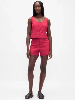 Linen-Blend Hook-Front Crop Shell Top