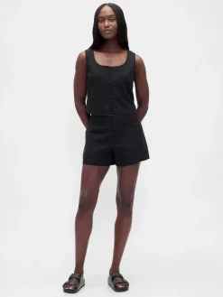 Linen-Blend Hook-Front Crop Shell Top