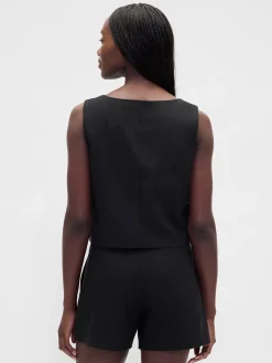 Linen-Blend Hook-Front Crop Shell Top