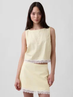 Linen-Blend Lace-Hem Crop Shell Top