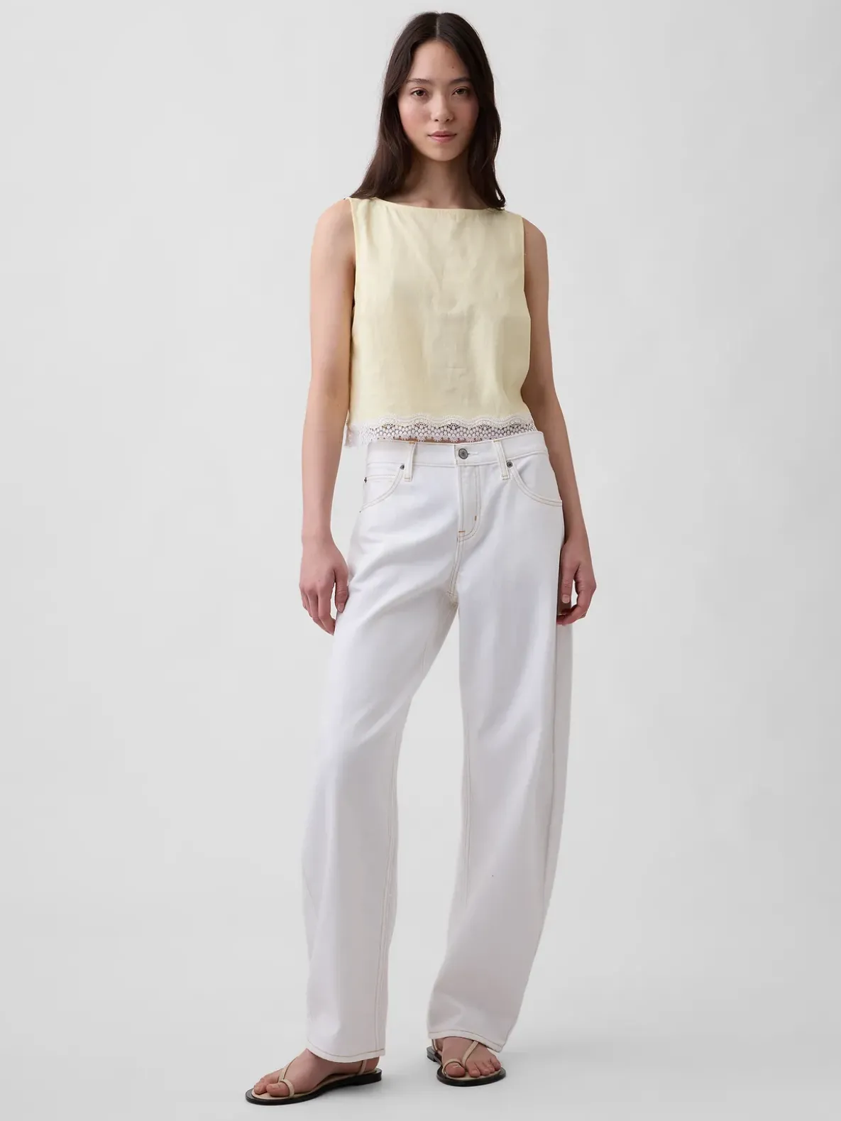Linen-Blend Lace-Hem Crop Shell Top