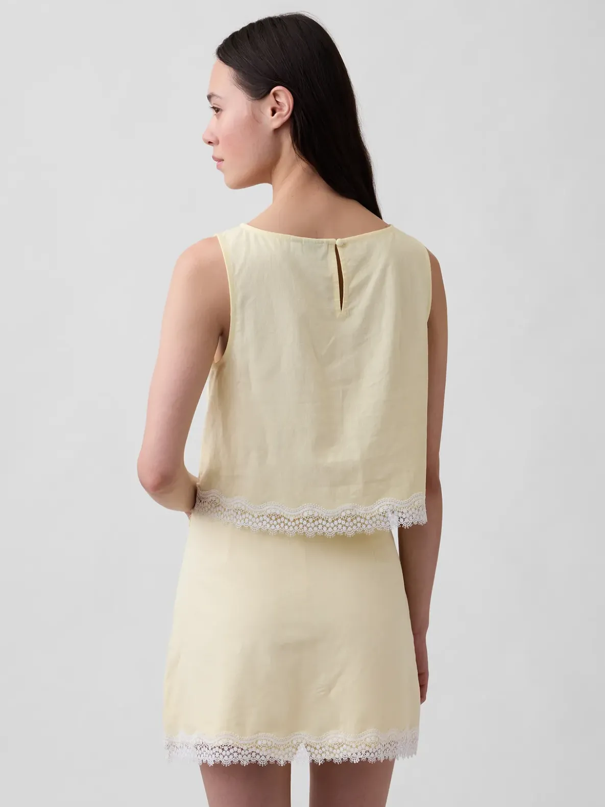 Linen-Blend Lace-Hem Crop Shell Top