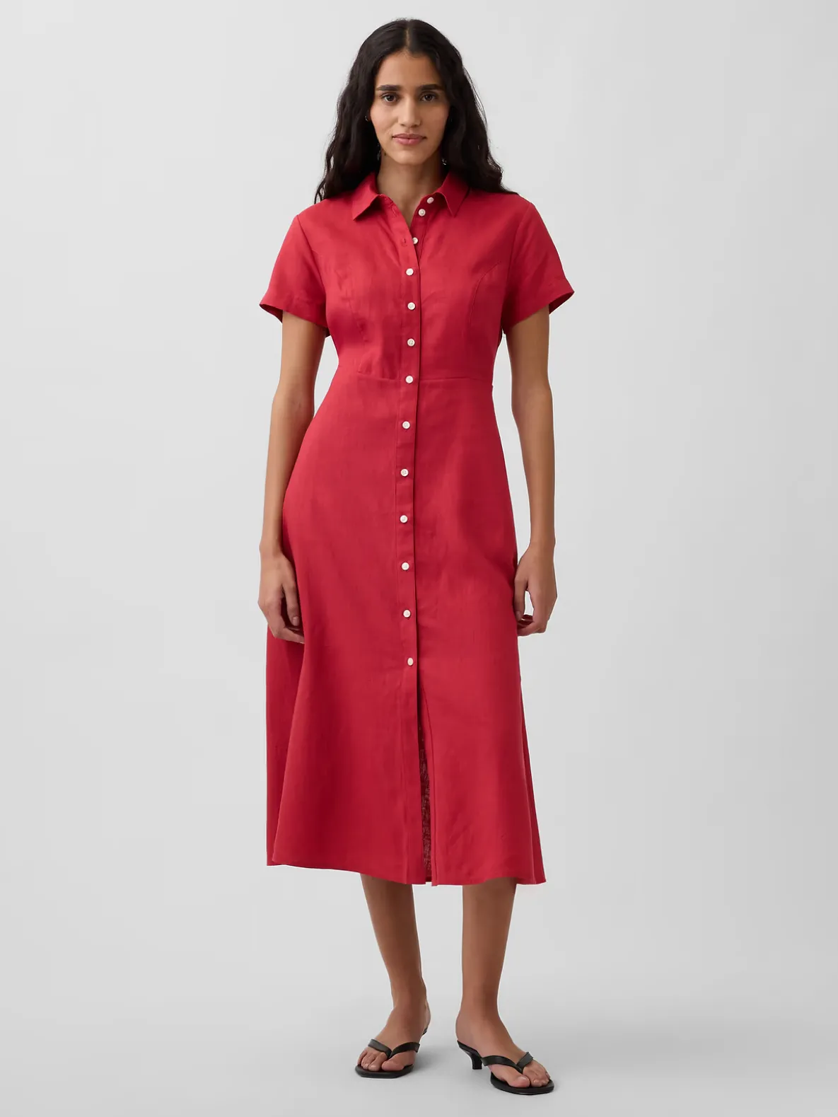 Linen-Blend Midi Shirtdress