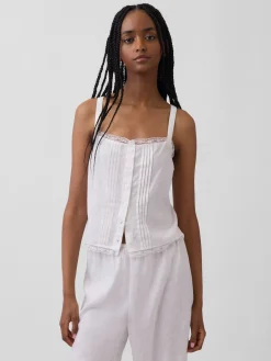 Linen-Blend Pintuck Crop PJ Tank Top