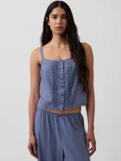 Linen-Blend Pintuck Crop PJ Tank Top