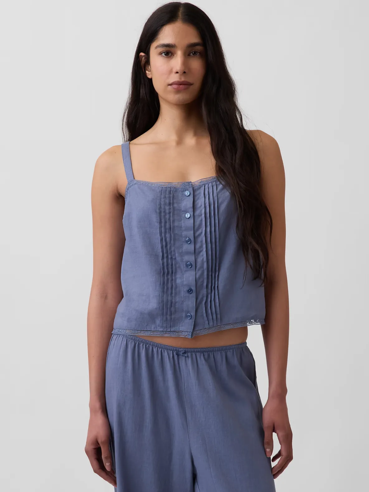 Linen-Blend Pintuck Crop PJ Tank Top