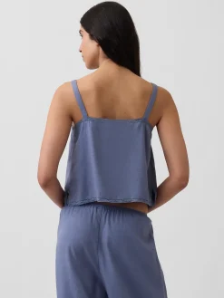 Linen-Blend Pintuck Crop PJ Tank Top