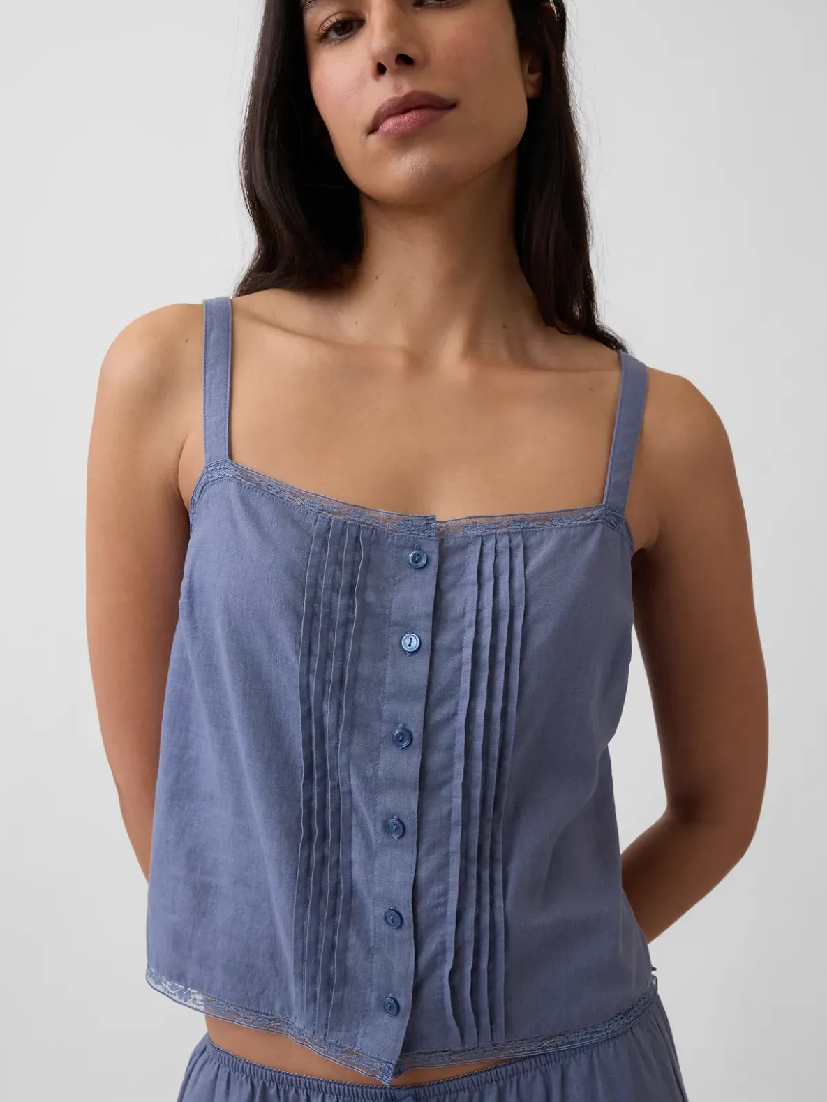 Linen-Blend Pintuck Crop PJ Tank Top