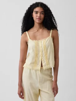 Linen-Blend Pintuck Crop PJ Tank Top