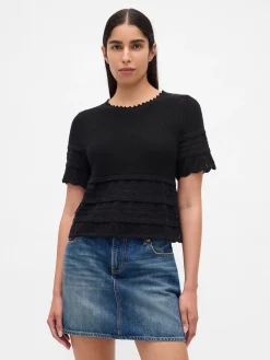 Linen-Blend Pointelle Sweater Crop Top