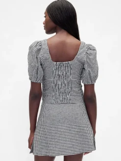 Linen-Blend Puff-Sleeve Crop Corset Top