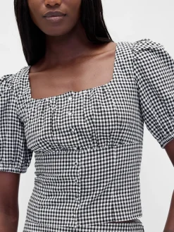 Linen-Blend Puff-Sleeve Crop Corset Top