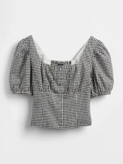 Linen-Blend Puff-Sleeve Crop Corset Top