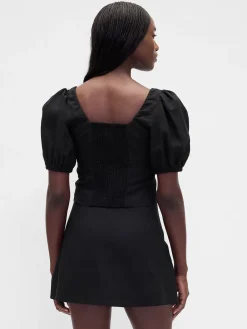 Linen-Blend Puff-Sleeve Crop Corset Top