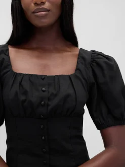 Linen-Blend Puff-Sleeve Crop Corset Top