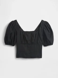 Linen-Blend Puff-Sleeve Crop Corset Top