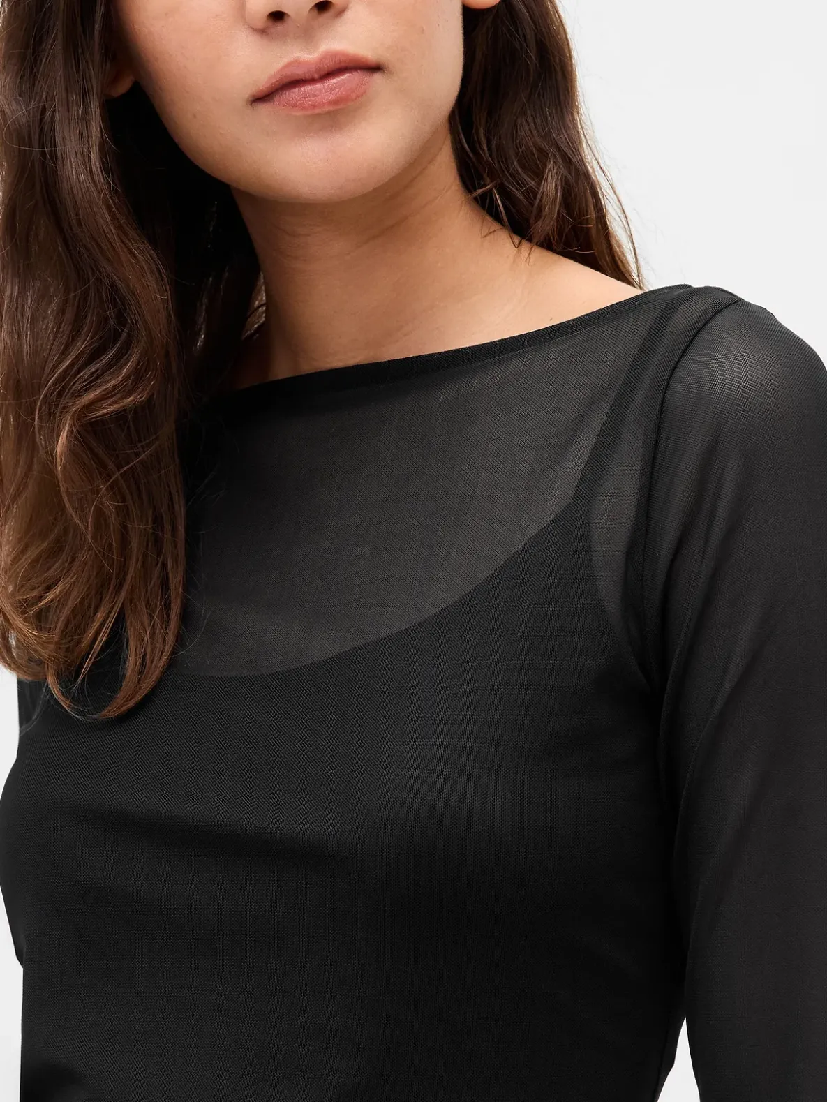 Mesh Boatneck Mini Dress