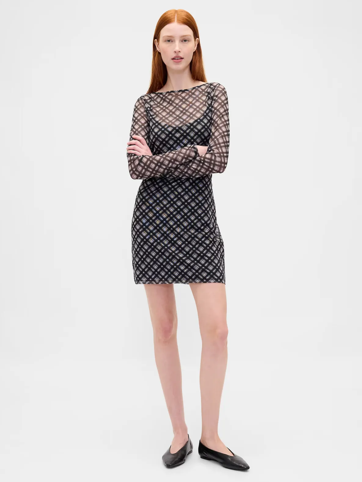 Mesh Boatneck Mini Dress