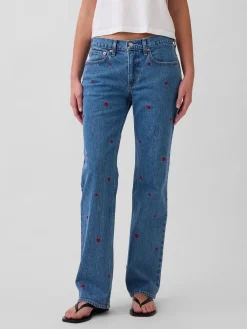 Mid Rise Embroidered Relaxed Straight Jeans