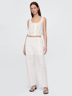 Mid Rise Eyelet Easy Wide-Leg Pants