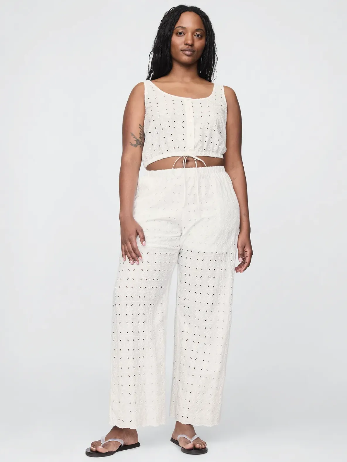 Mid Rise Eyelet Easy Wide-Leg Pants