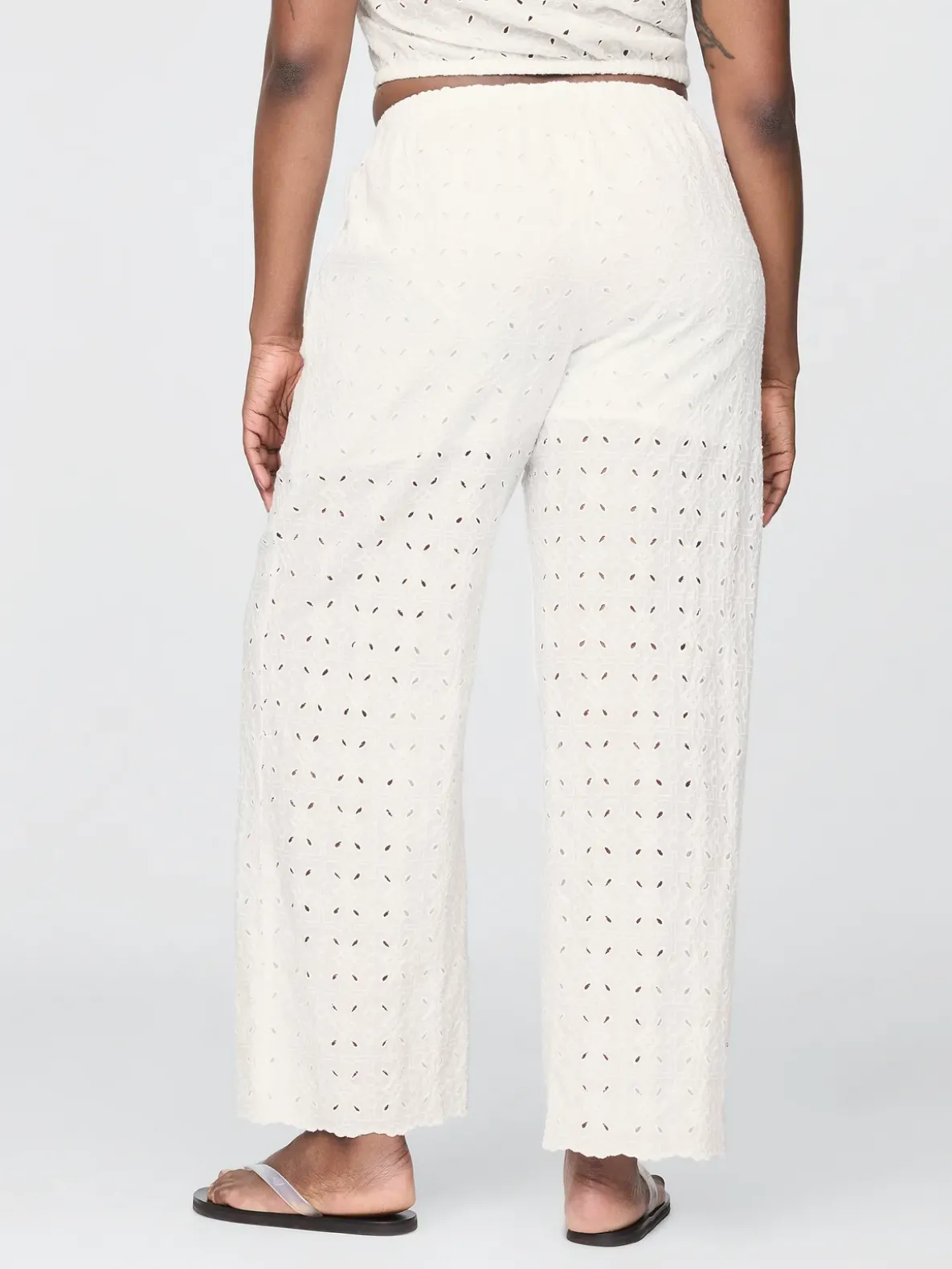 Mid Rise Eyelet Easy Wide-Leg Pants