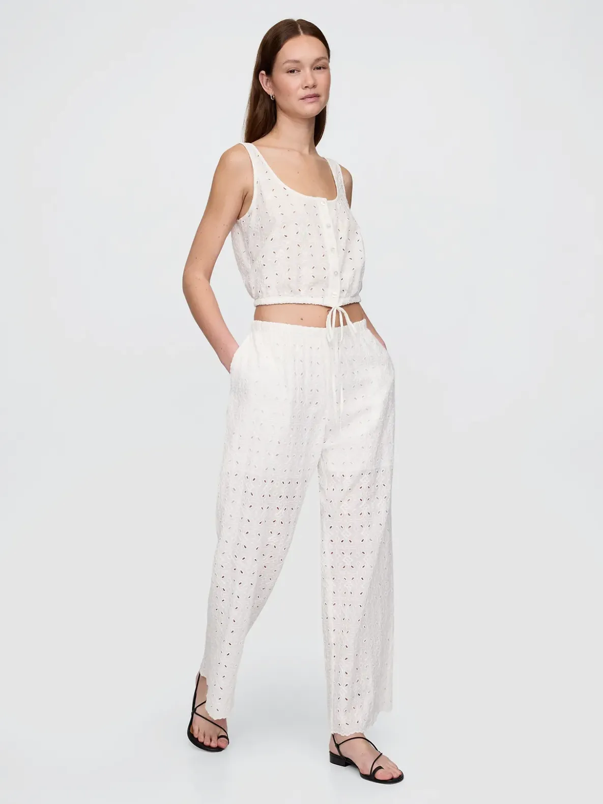 Mid Rise Eyelet Easy Wide-Leg Pants