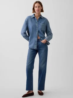 Mid Rise Split-Hem Relaxed Straight Jeans