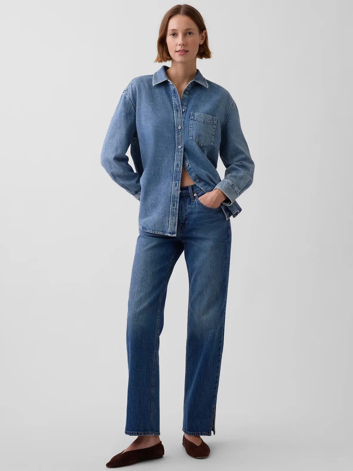 Mid Rise Split-Hem Relaxed Straight Jeans