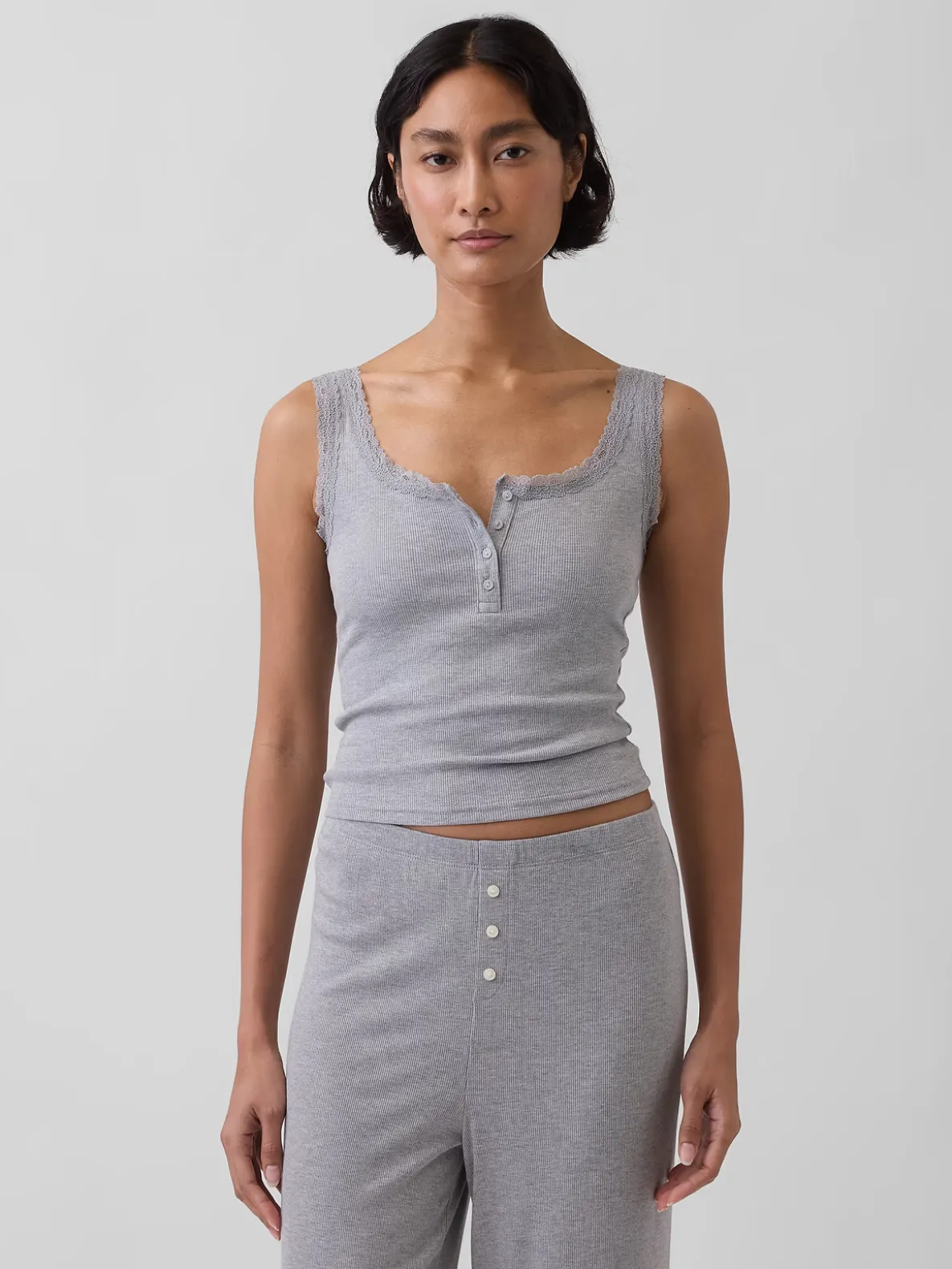 Mini Rib Lace Henley PJ Tank Top