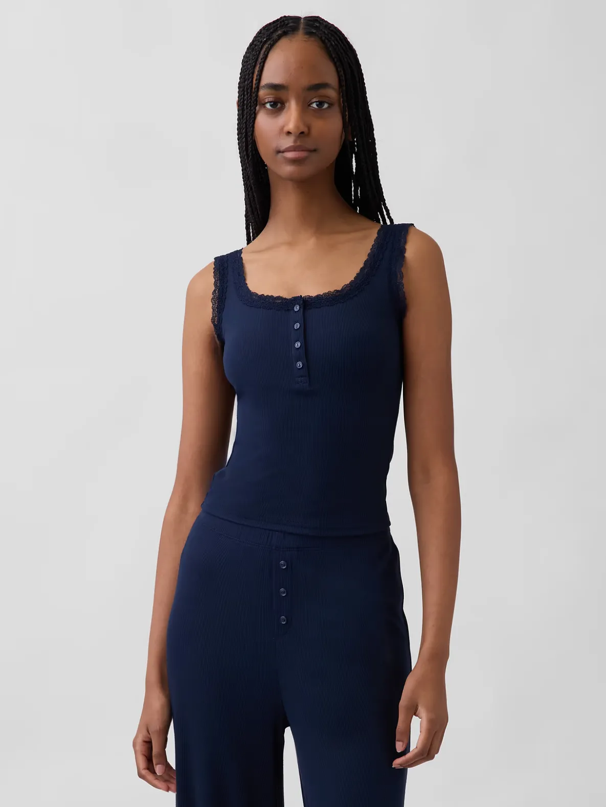 Mini Rib Lace Henley PJ Tank Top
