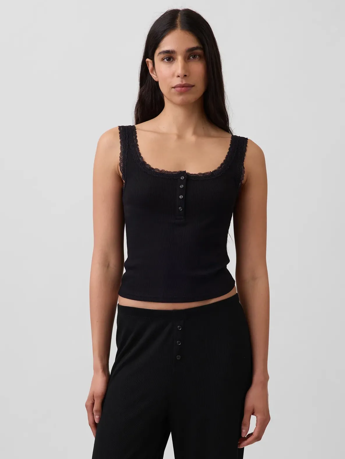 Mini Rib Lace Henley PJ Tank Top