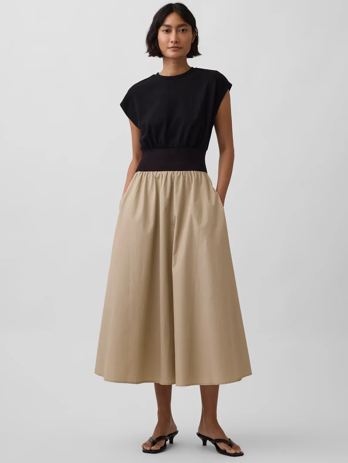 Mixed Media Drop-Waist Midi Dress