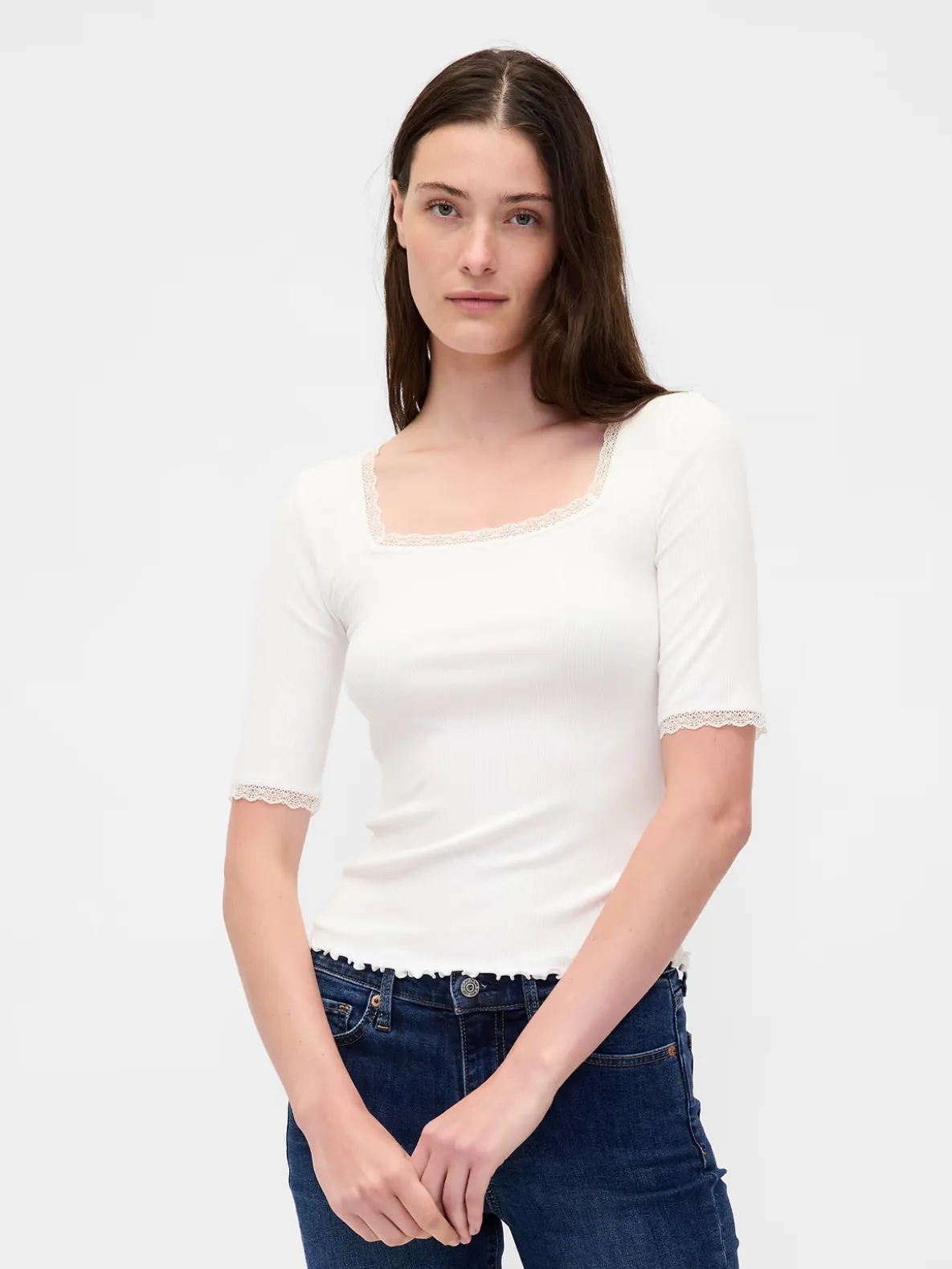 Modal Rib Lace-Trim Square-Neck T-Shirt