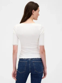 Modal Rib Lace-Trim Square-Neck T-Shirt